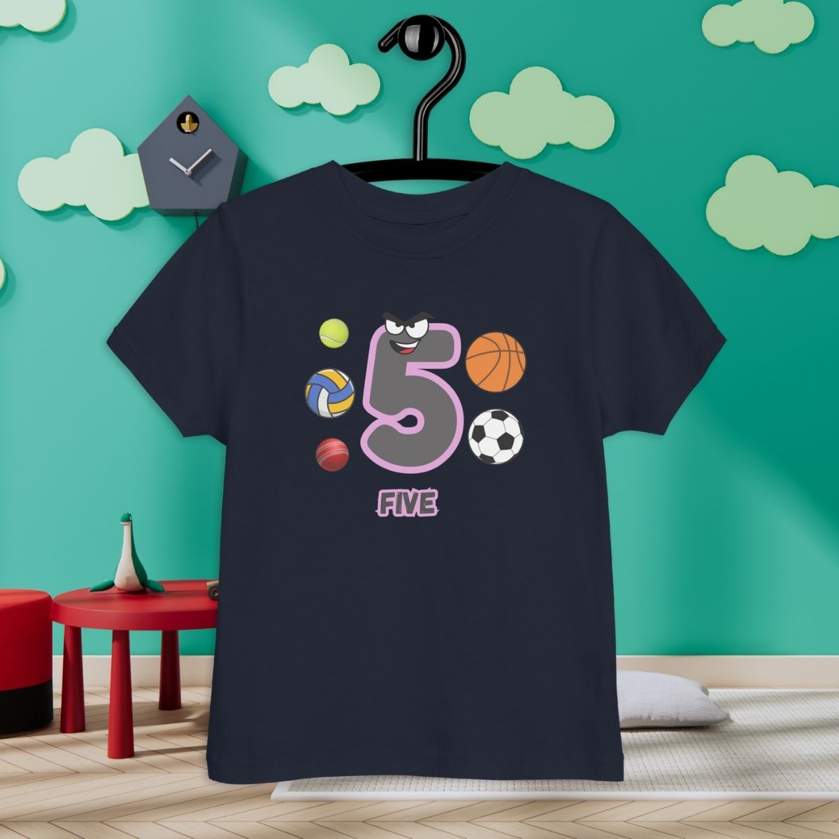 Navy Blue Kid's Shirt designed with number 5 and with 5 different kinds of balls in room with clouds background