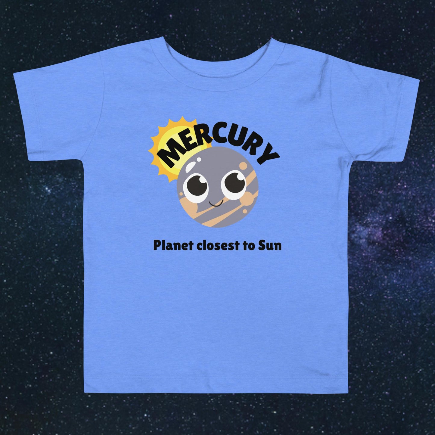 Toddler blue t-shirt with bold 'Mercury' text, Mercury graphic, and 'Planet closest to Sun' subtext on a space-themed background