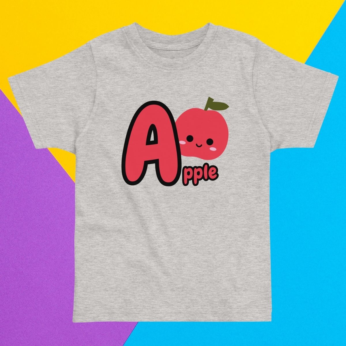 Toddler gray shirt designed with Apple image and text on purple, yellow and blue background