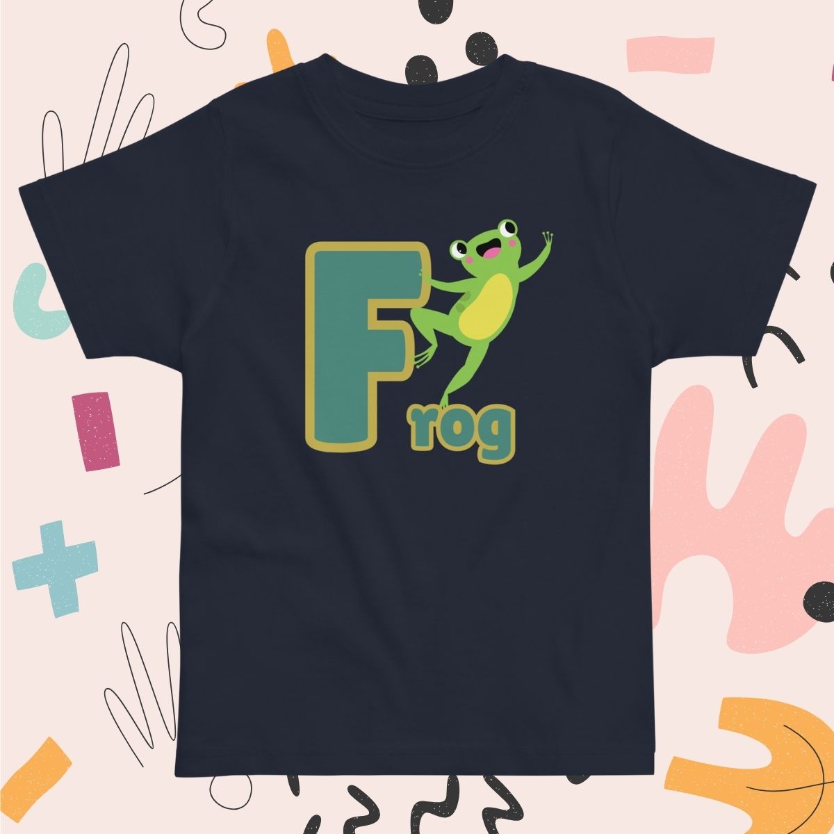 Toddler navy blue shirt designed with Frog image and text on playful pink background