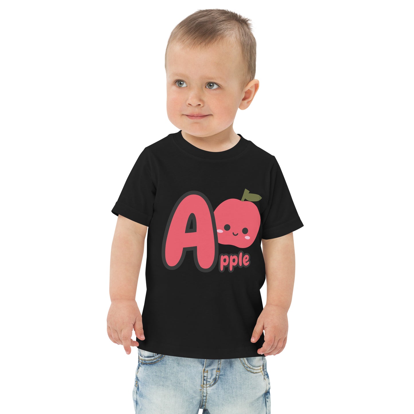 Child wearing a black shirt designed with Apple image and text on white background