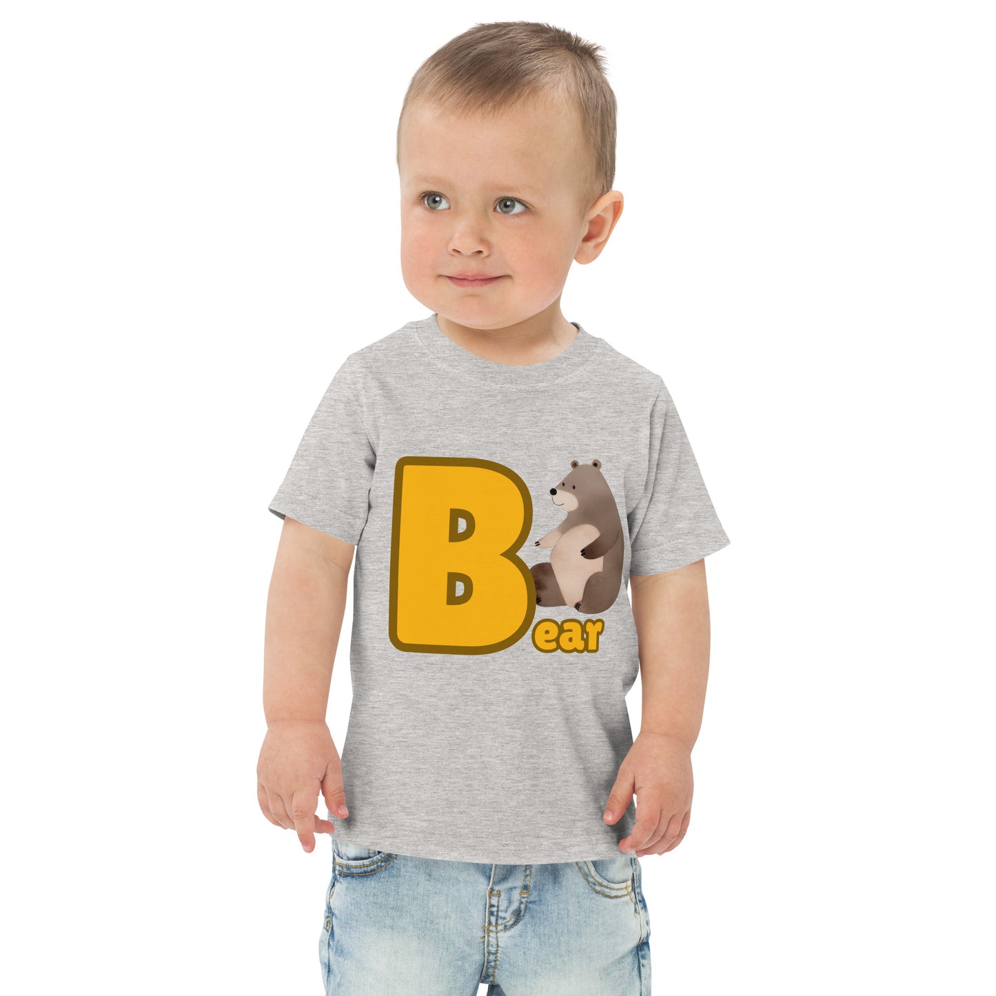 Child wearing a gray shirt designed with Bear image and text on white background