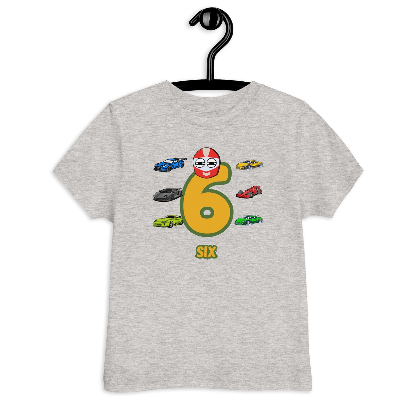 Heather Gray Kid's Shirt designed with number 6 and with 6 race cars in white background