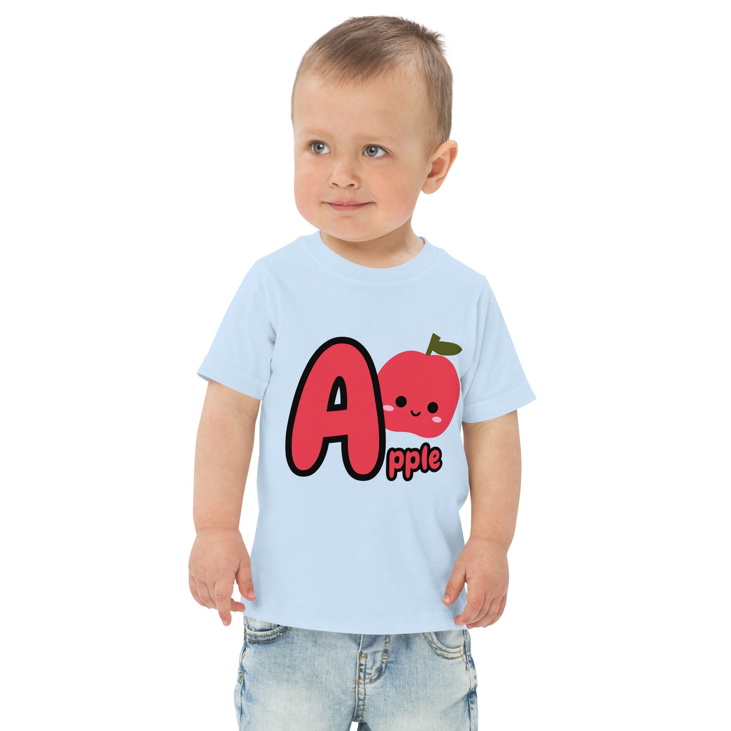 Child wearing a light blue shirt designed with Apple image and text on white background