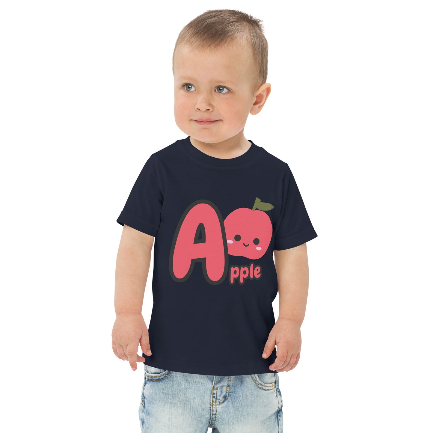 Child wearing a navy blue shirt designed with Apple image and text on white background