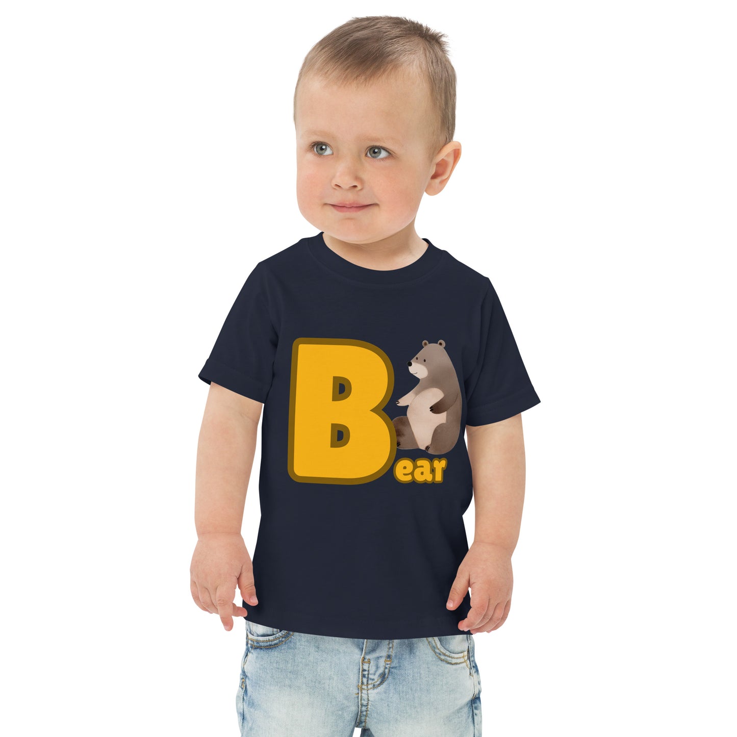 Child wearing a navy blue shirt designed with Bear image and text on white background