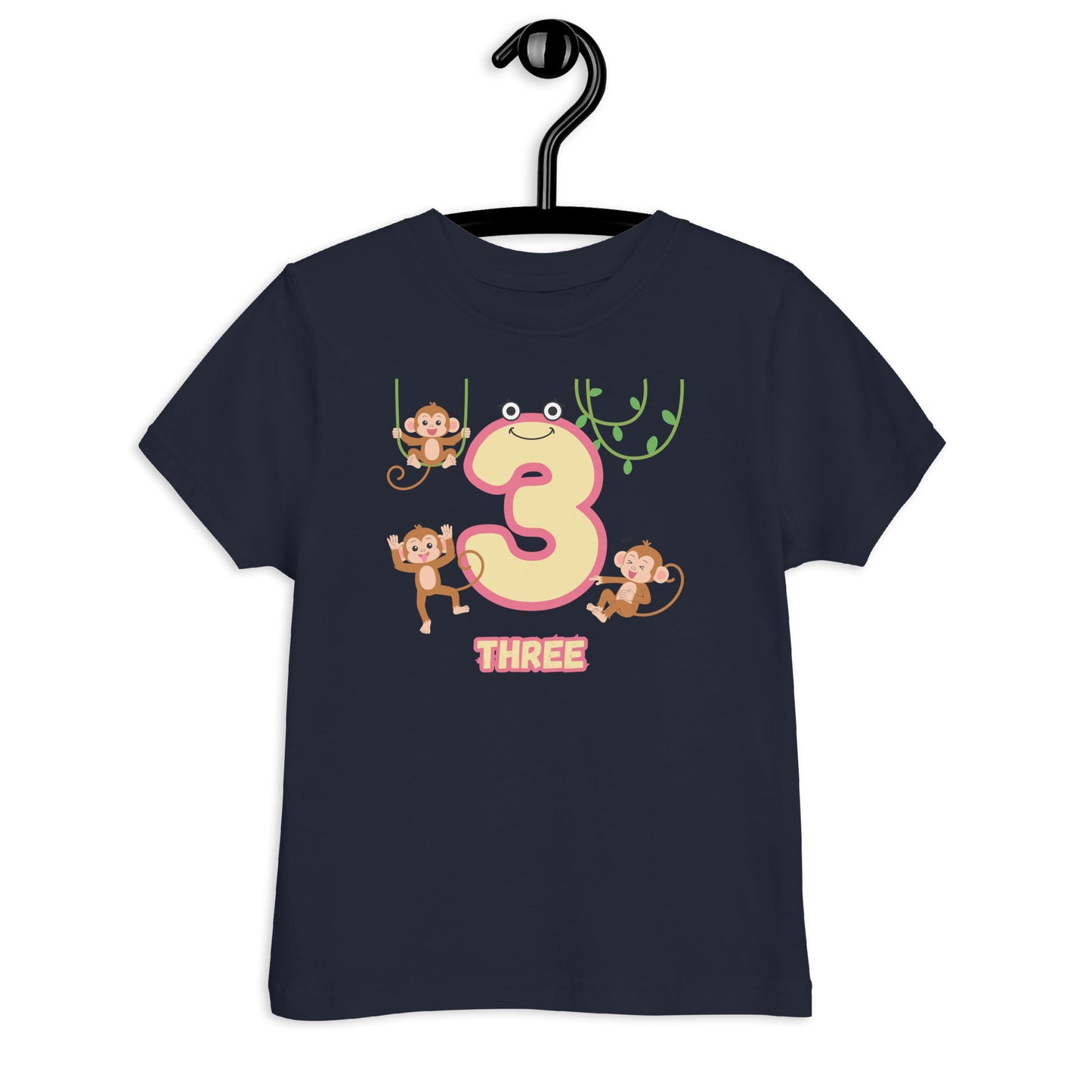 Navy Blue Kid's Shirt designed with number 3 and with 3 monkeys in white background