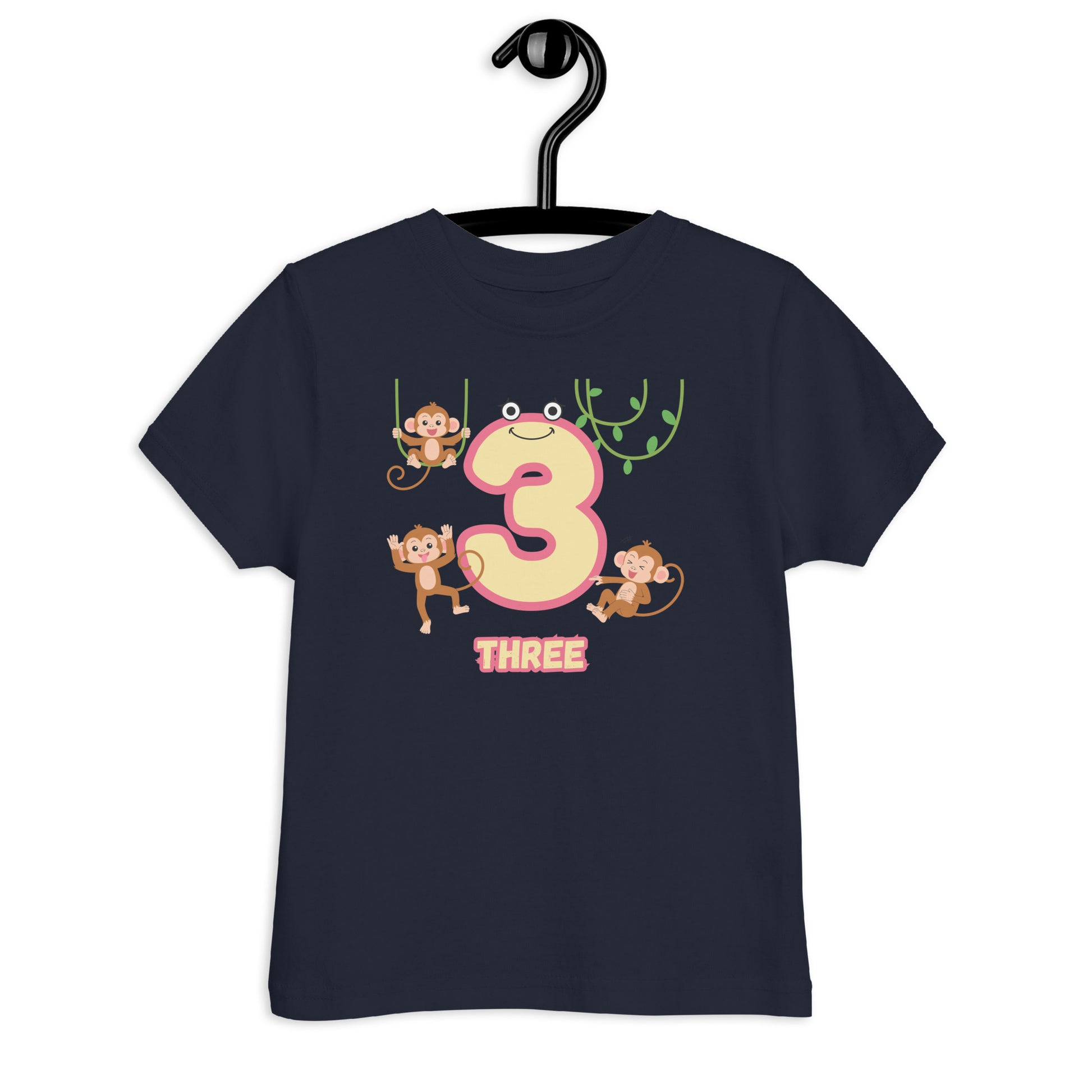Navy Blue Kid's Shirt designed with number 3 and with 3 monkeys in white background