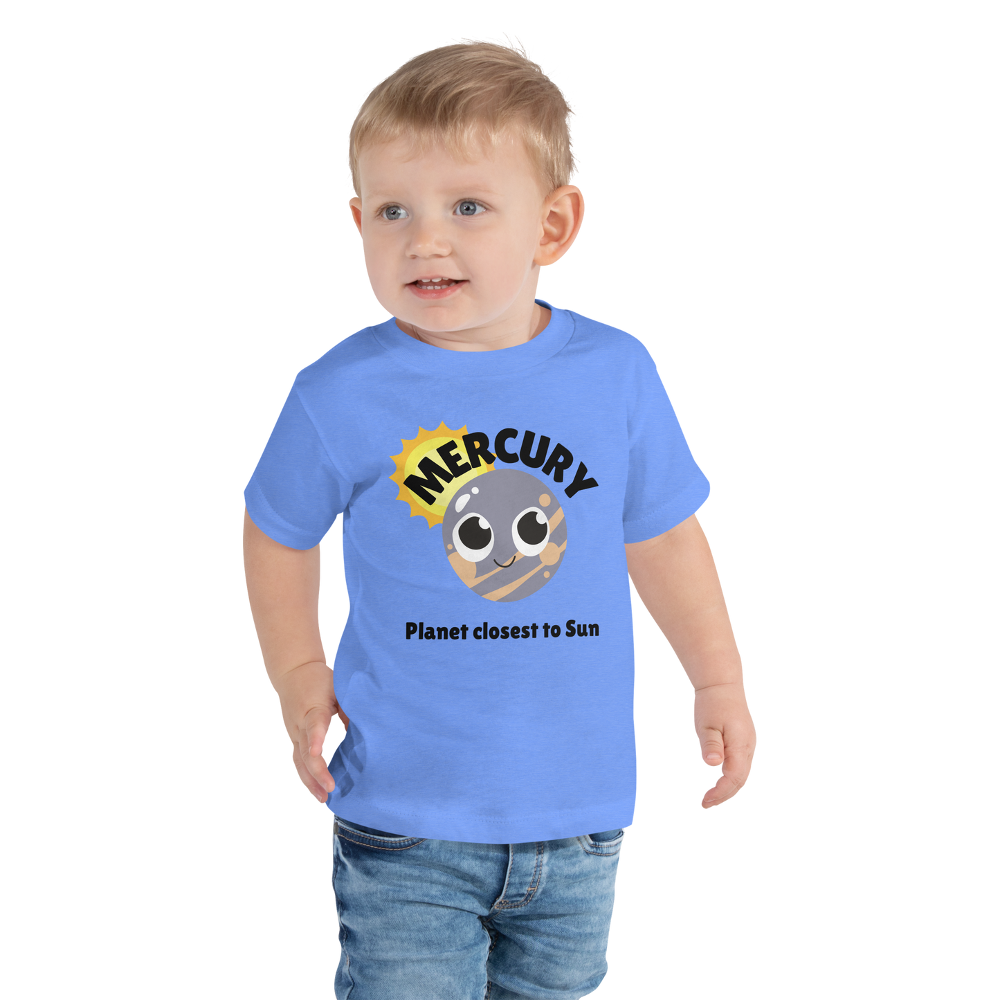 Child wearing a blue t-shirt with bold 'Mercury' text, Mercury graphic, and 'Planet closest to Sun' subtext on a transparent background