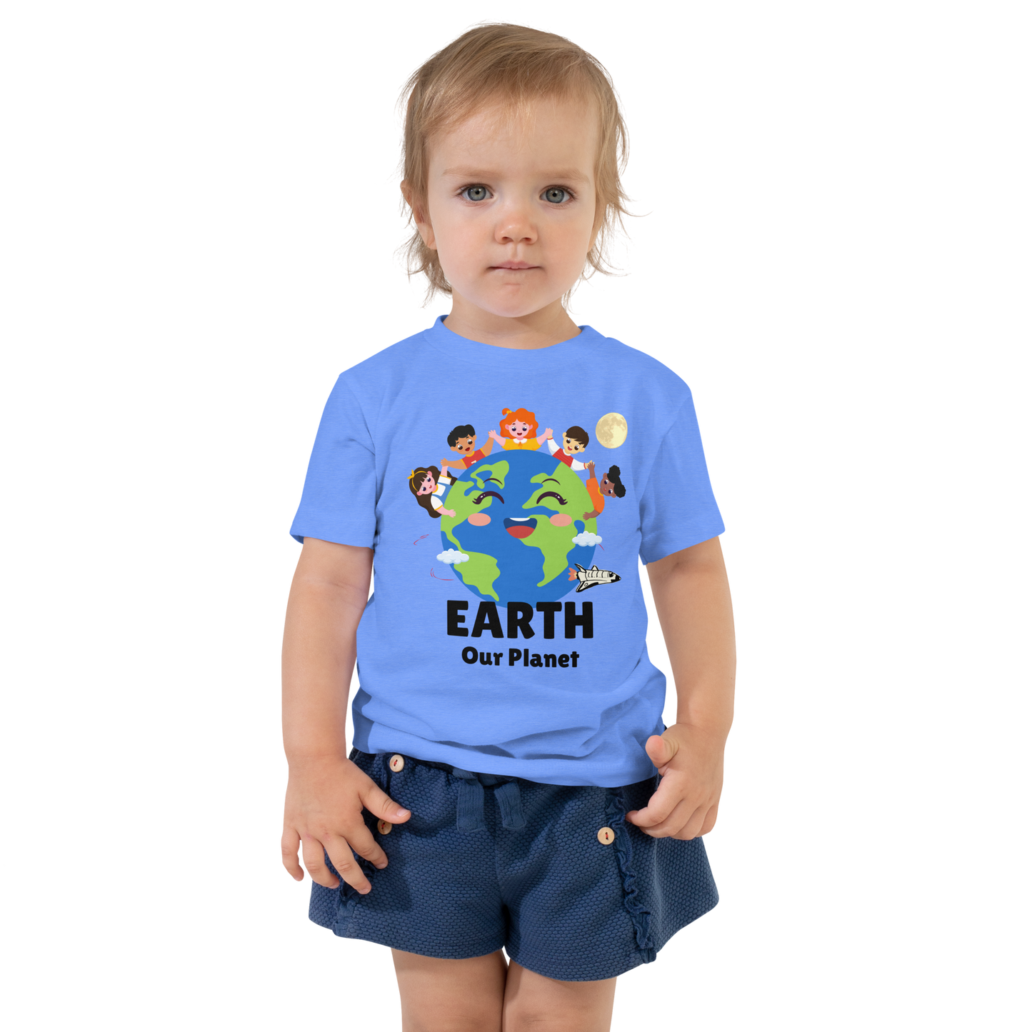 Child wearing a blue t-shirt with bold 'Earth' text, Earth graphic, and 'Our Planet' subtext on a transparent background