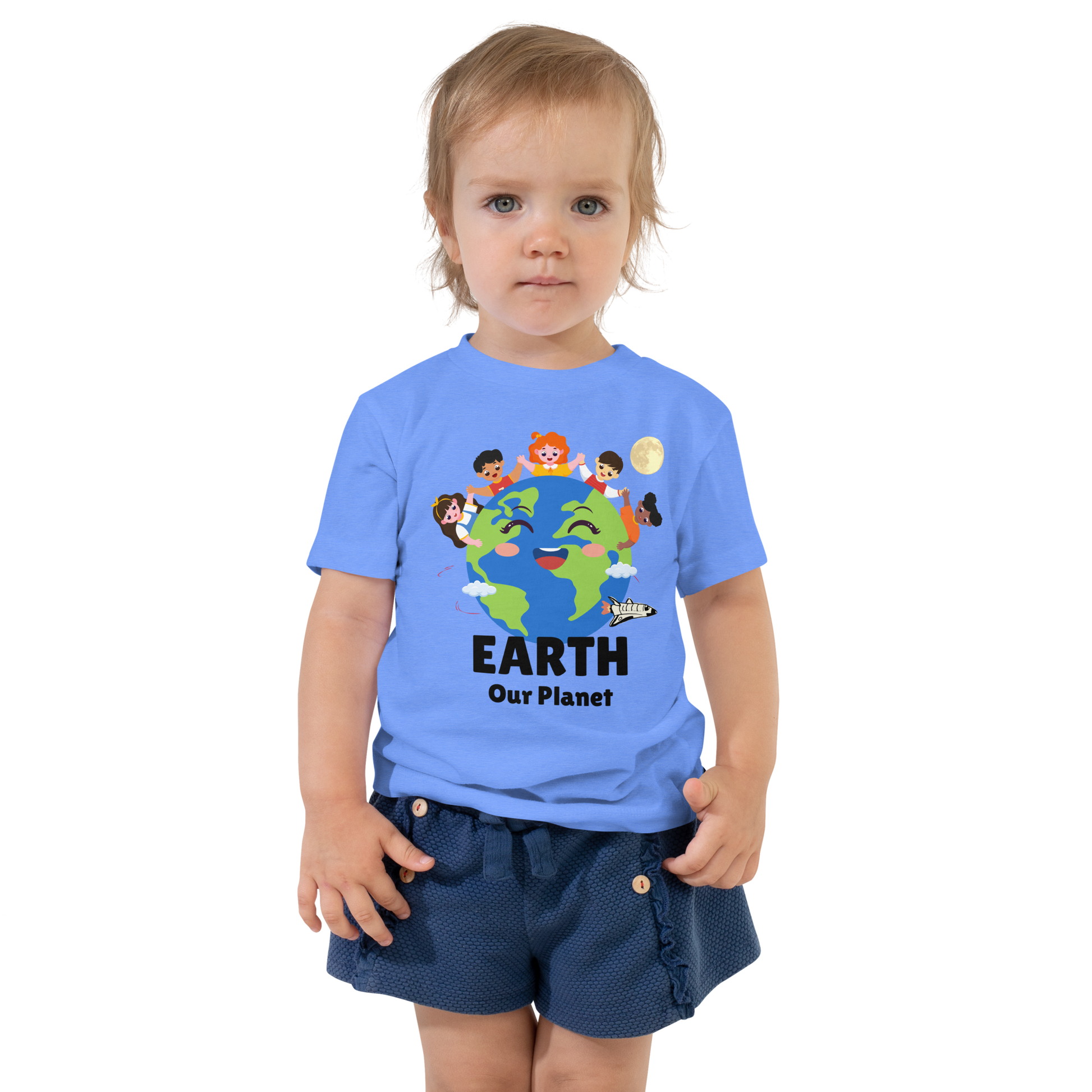 Child wearing a blue t-shirt with bold 'Earth' text, Earth graphic, and 'Our Planet' subtext on a transparent background