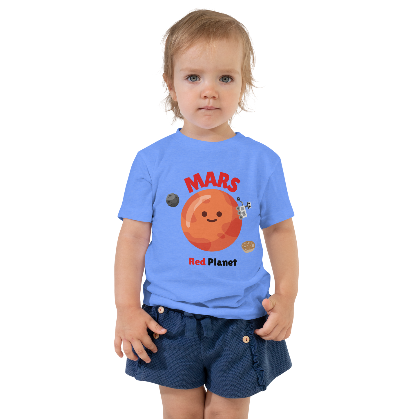 Child wearing a blue t-shirt with bold 'Mars' text, Mars graphic, and 'Red Planet' subtext on a transparent background