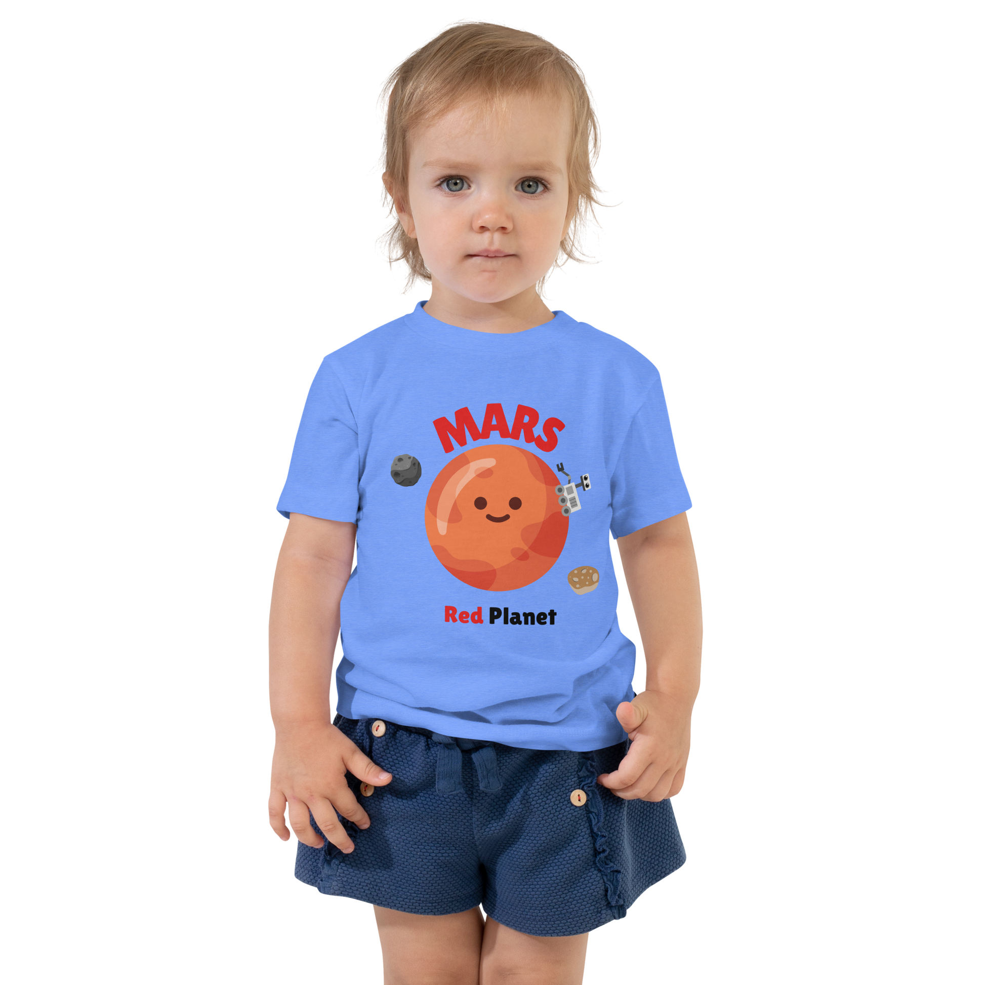 Child wearing a blue t-shirt with bold 'Mars' text, Mars graphic, and 'Red Planet' subtext on a transparent background