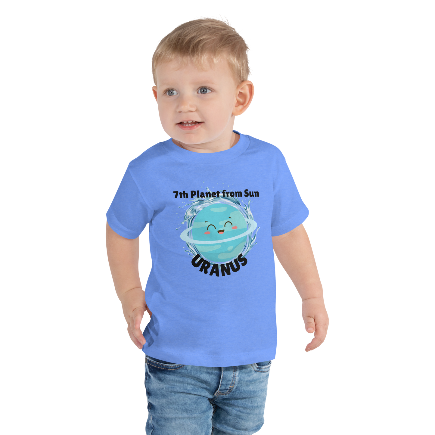 Child wearing a blue t-shirt with bold 'Uranus' text, Uranus graphic, and '7th Planet from Sun' subtext on a transparent background