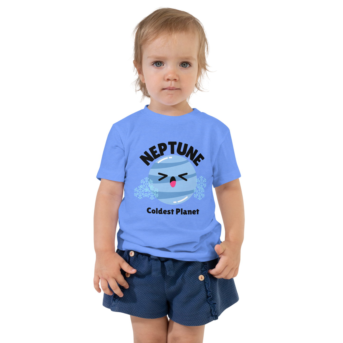 Child wearing a blue t-shirt with bold 'Neptune' text, Neptune graphic, and 'Coldest Planet' subtext on a transparent background