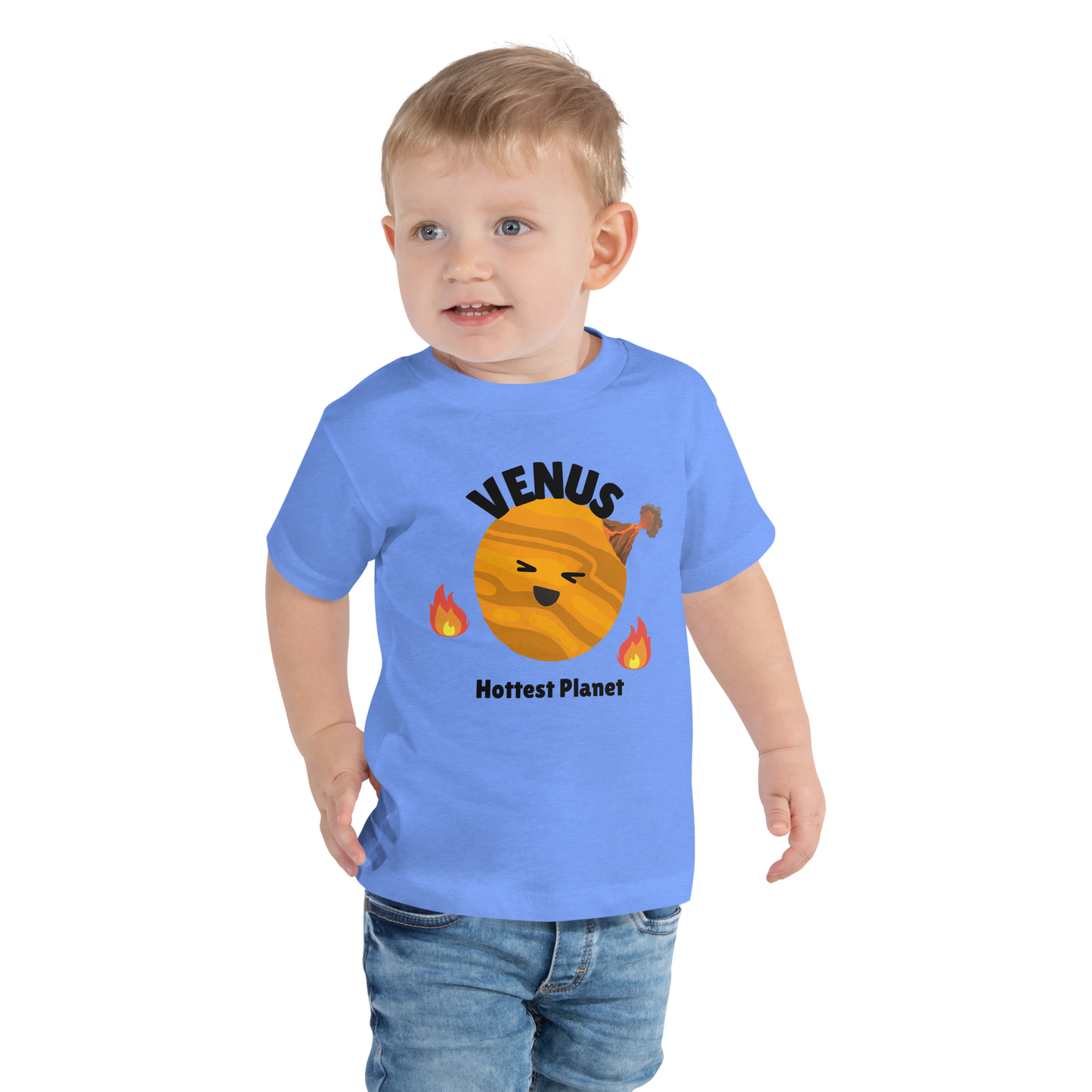 Child wearing a blue t-shirt with bold 'Venus' text, Venus graphic, and 'Hottest Planet' subtext on a transparent background