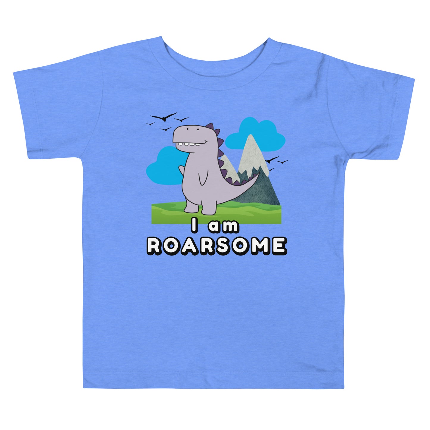 Blue toddler shirt with "I Am Roarsome" text and cartoon dinosaur in the center on a white background—ideal for dino-loving kids.