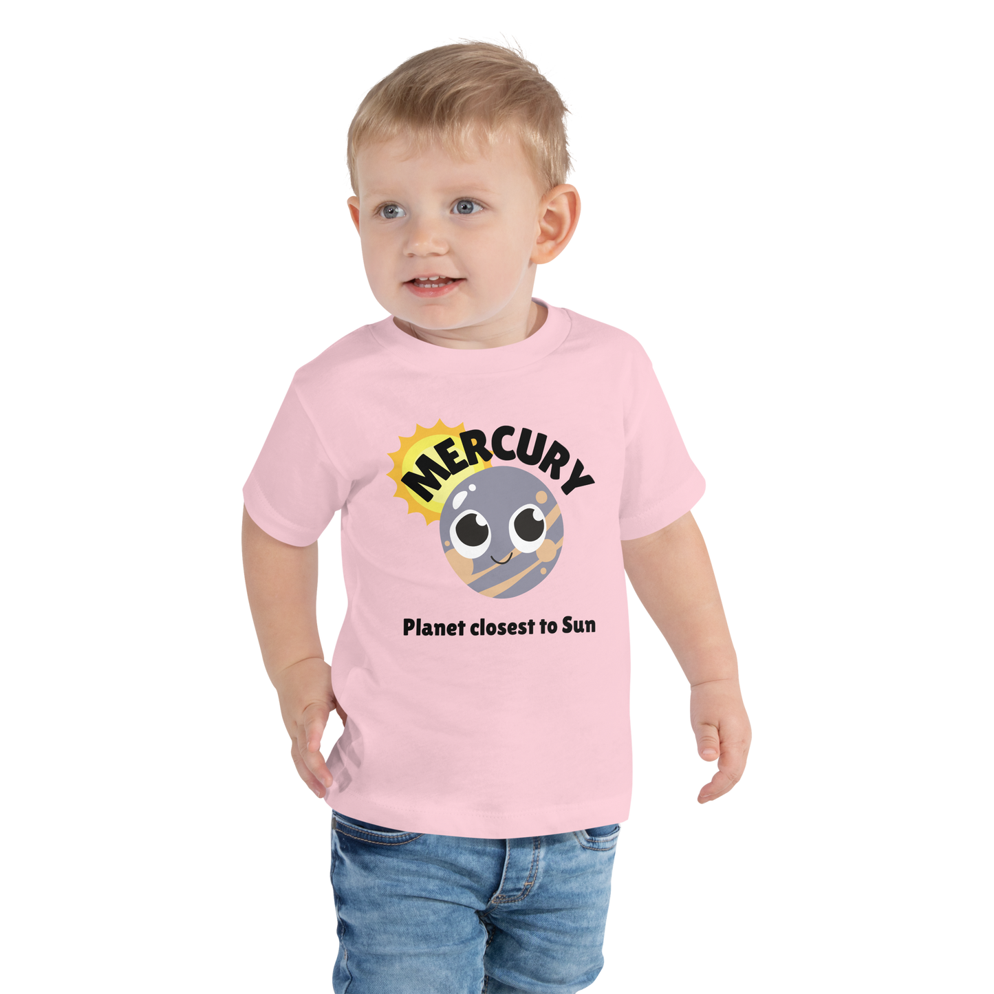 Child wearing a pink t-shirt with bold 'Mercury' text, Mercury graphic, and 'Planet closest to Sun' subtext on a transparent background