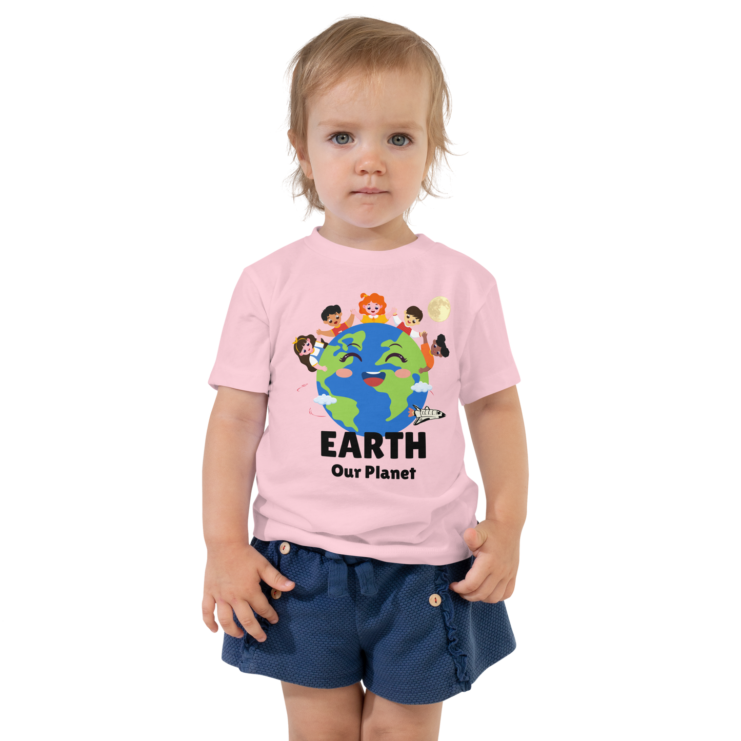 Child wearing a pink t-shirt with bold 'Earth' text, Earth graphic, and 'Our Planet' subtext on a transparent background