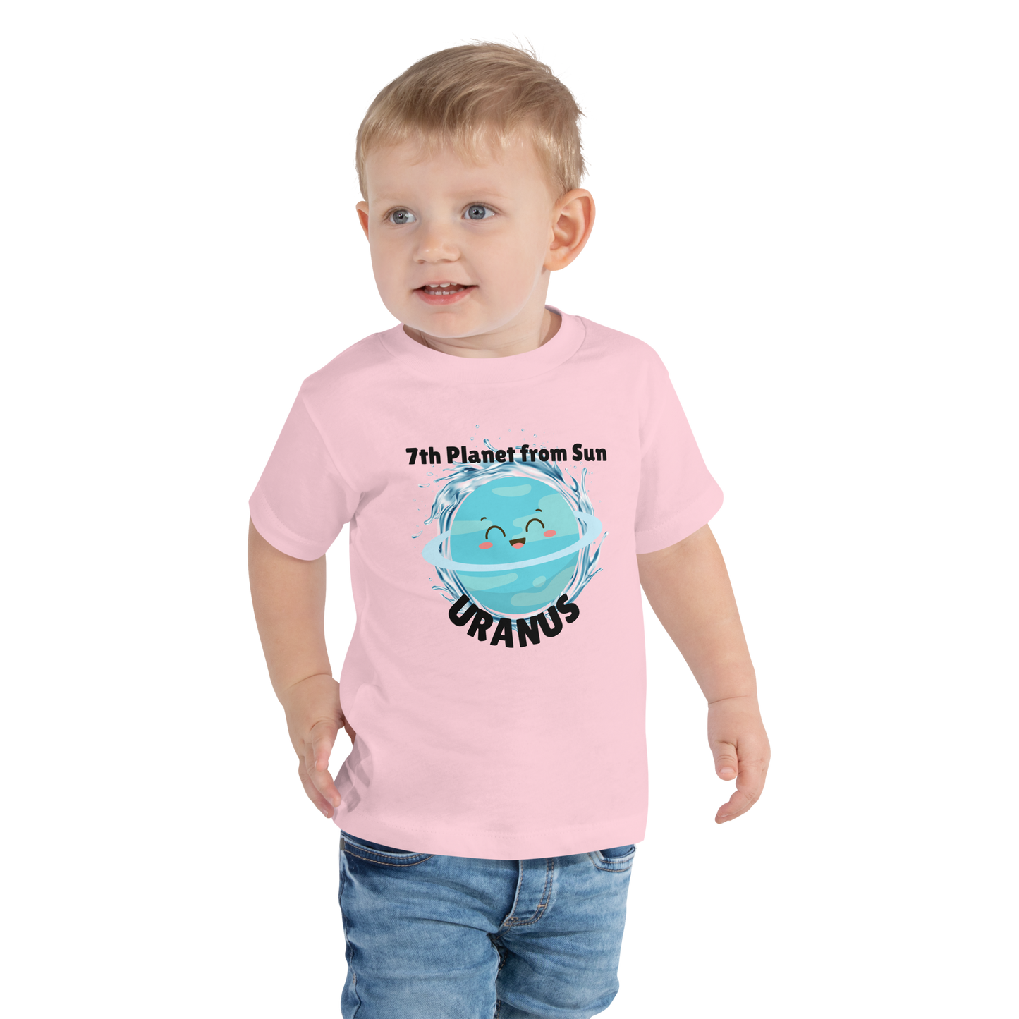 Child wearing a pink t-shirt with bold 'Uranus' text, Uranus graphic, and '7th Planet from Sun' subtext on a transparent background