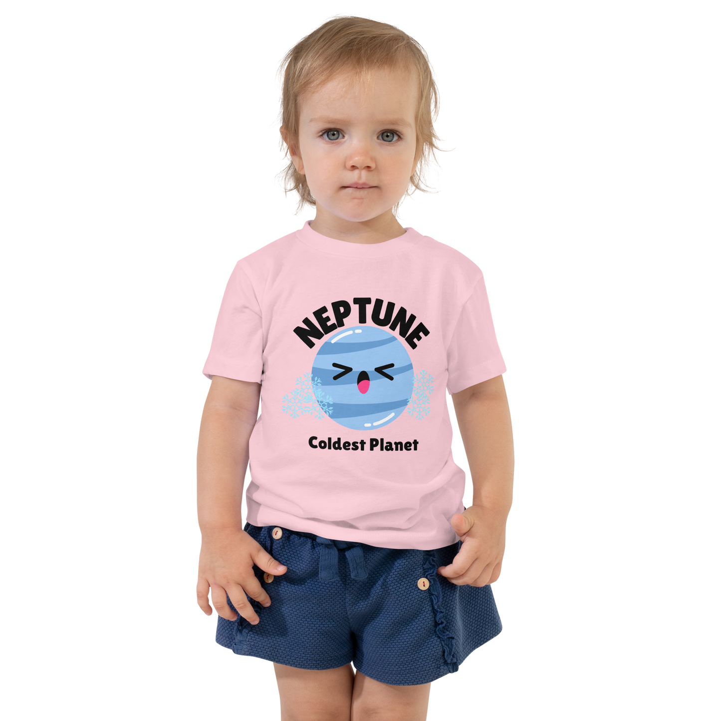 Child wearing a pink t-shirt with bold 'Neptune' text, Neptune graphic, and 'Coldest Planet' subtext on a transparent background