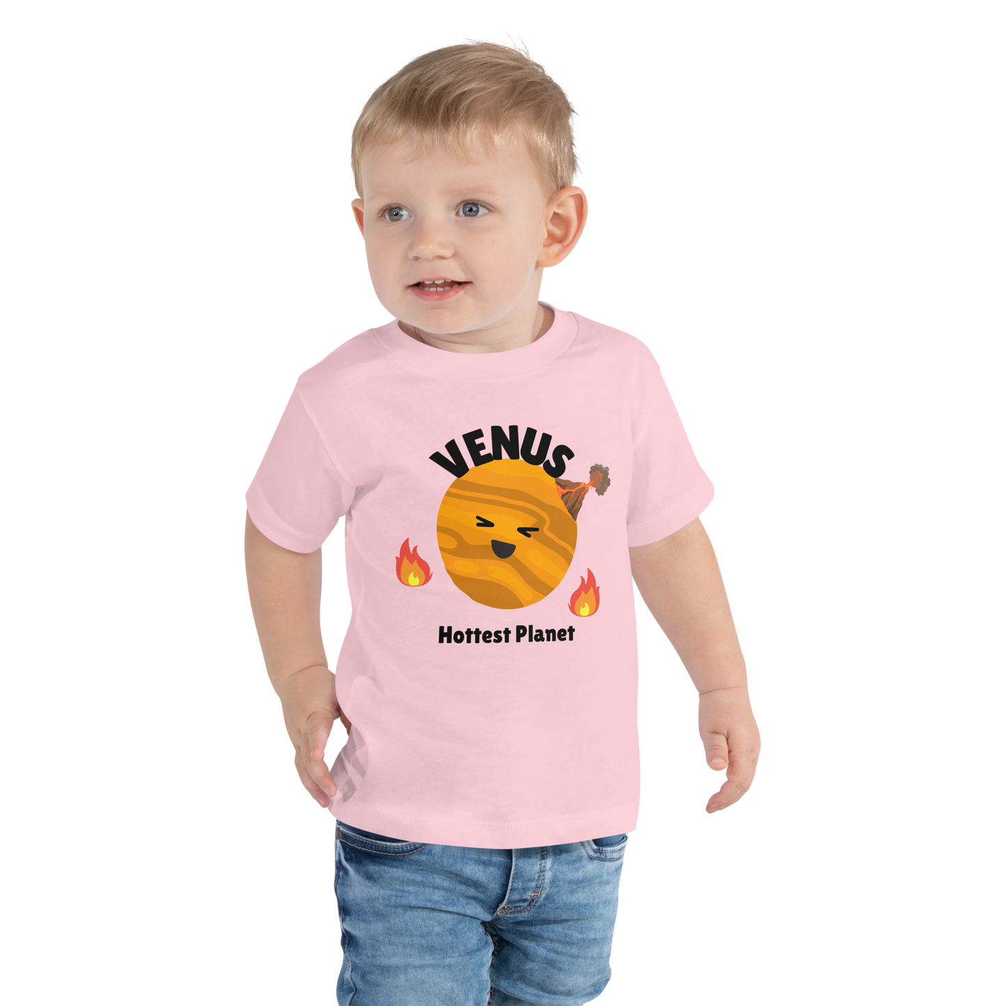 Child wearing a pink t-shirt with bold 'Venus' text, Venus graphic, and 'Hottest Planet' subtext on a transparent background