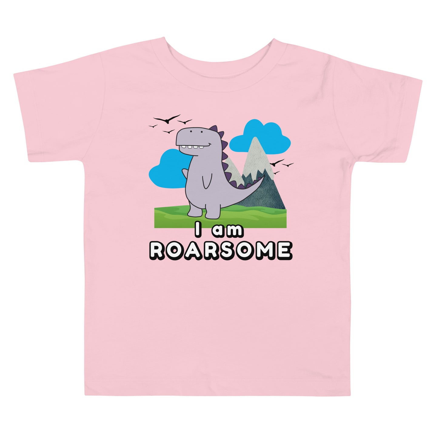 Pink toddler shirt with "I Am Roarsome" text and cartoon dinosaur in the center on a white background—ideal for dino-loving kids.