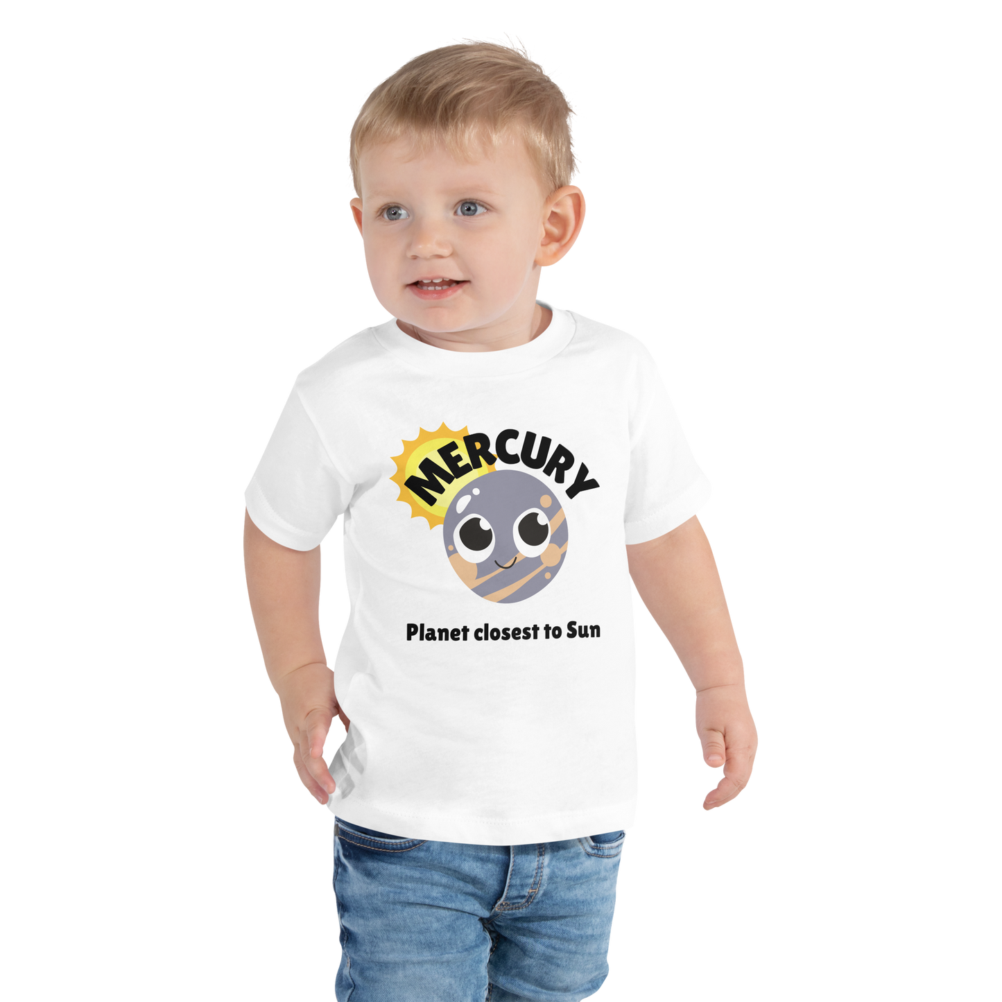 Child wearing a white t-shirt with bold 'Mercury' text, Mercury graphic, and 'Planet closest to Sun' subtext on a transparent background
