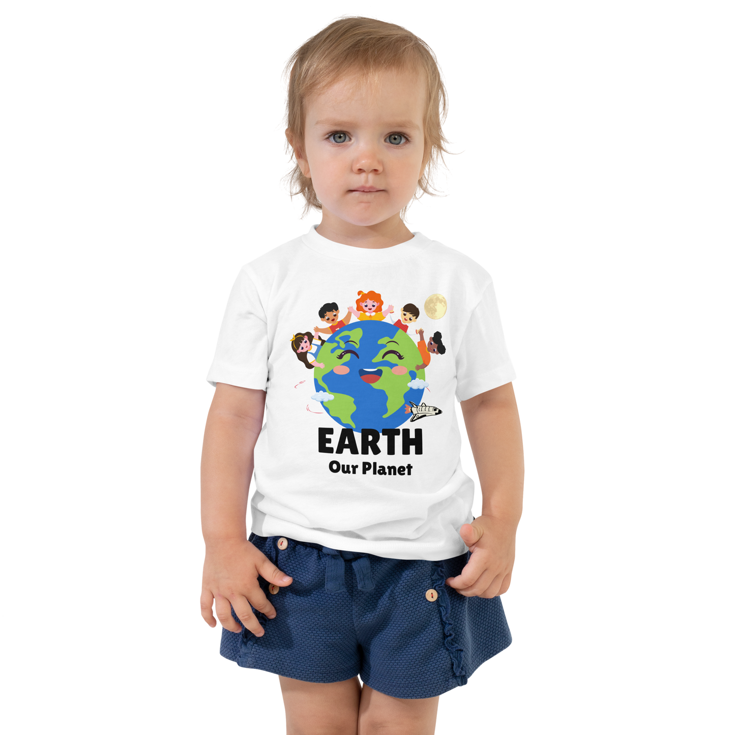 Child wearing a white t-shirt with bold 'Earth' text, Earth graphic, and 'Our Planet' subtext on a transparent background