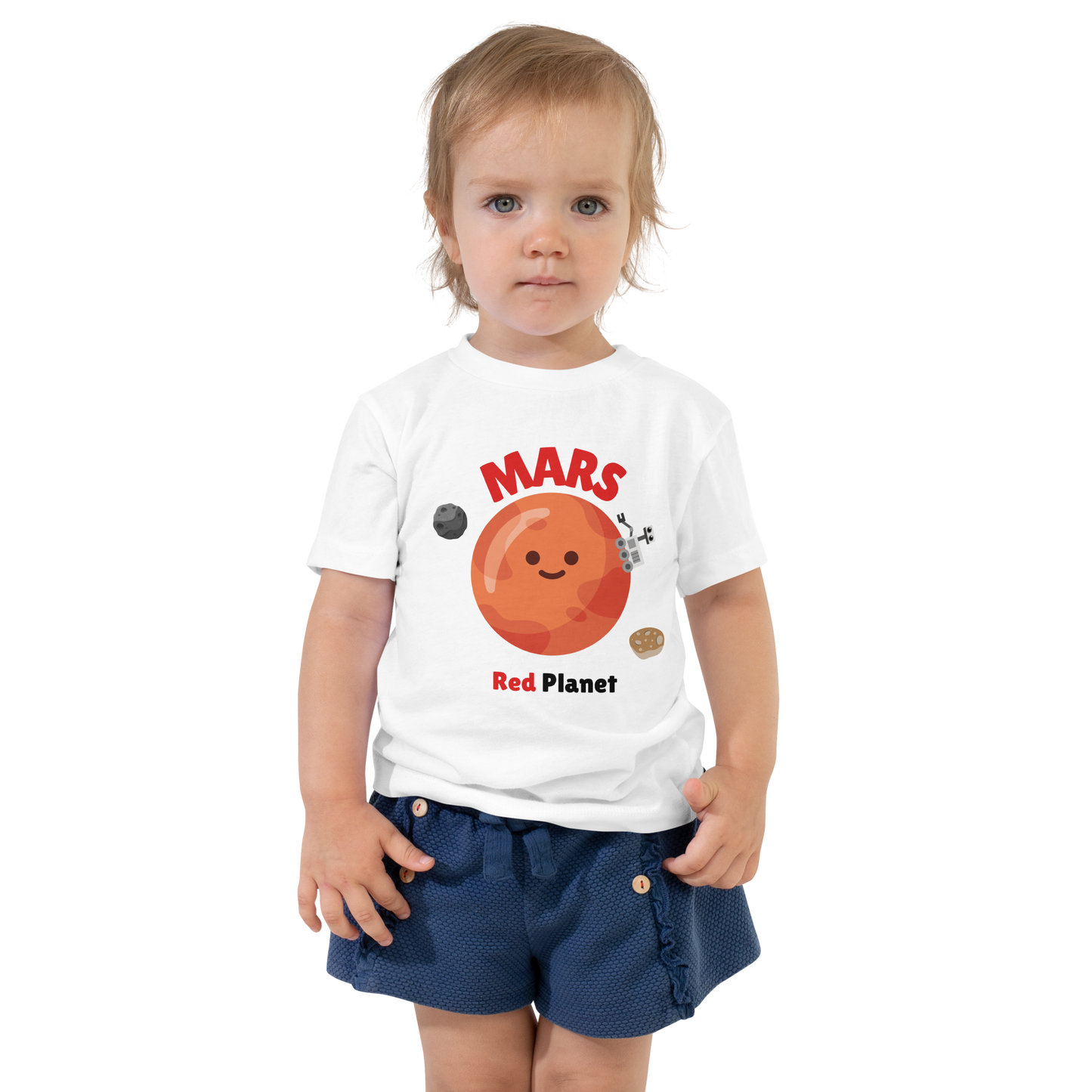 Child wearing a white t-shirt with bold 'Mars' text, Mars graphic, and 'Red Planet' subtext on a transparent background