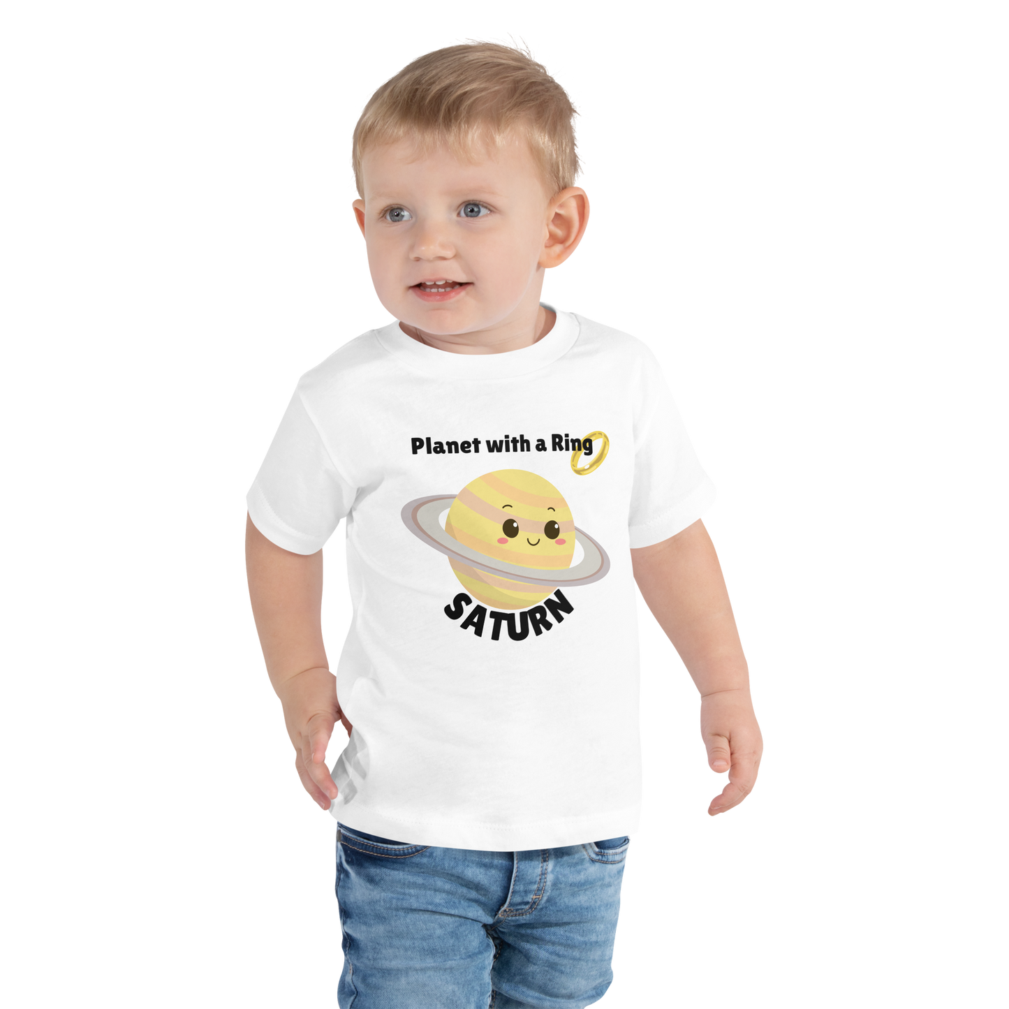 Child wearing a white t-shirt with bold 'Saturn' text, Saturn graphic, and 'Planet with a Ring' subtext on a transparent background