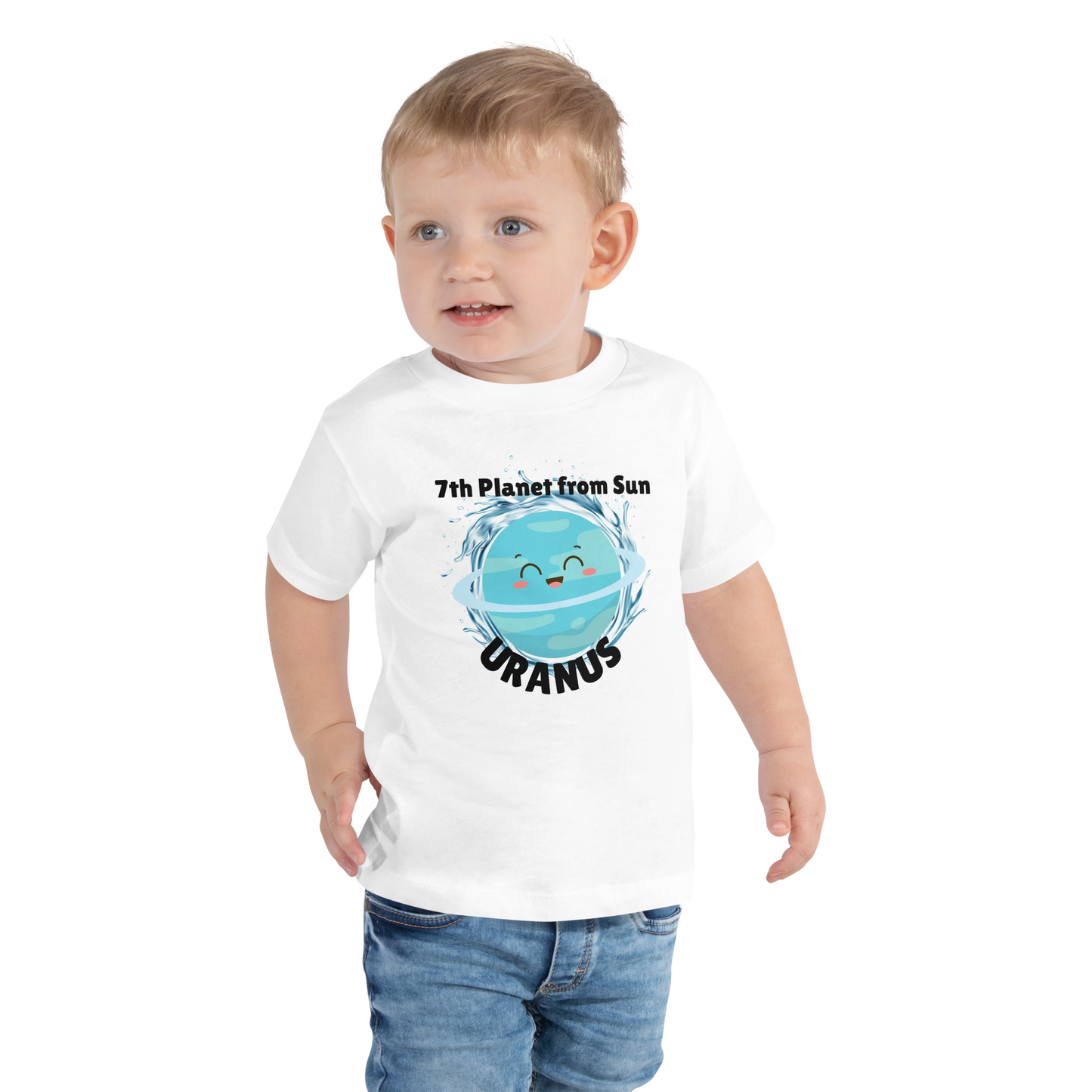 Child wearing a white t-shirt with bold 'Uranus' text, Uranus graphic, and '7th Planet from Sun' subtext on a transparent background