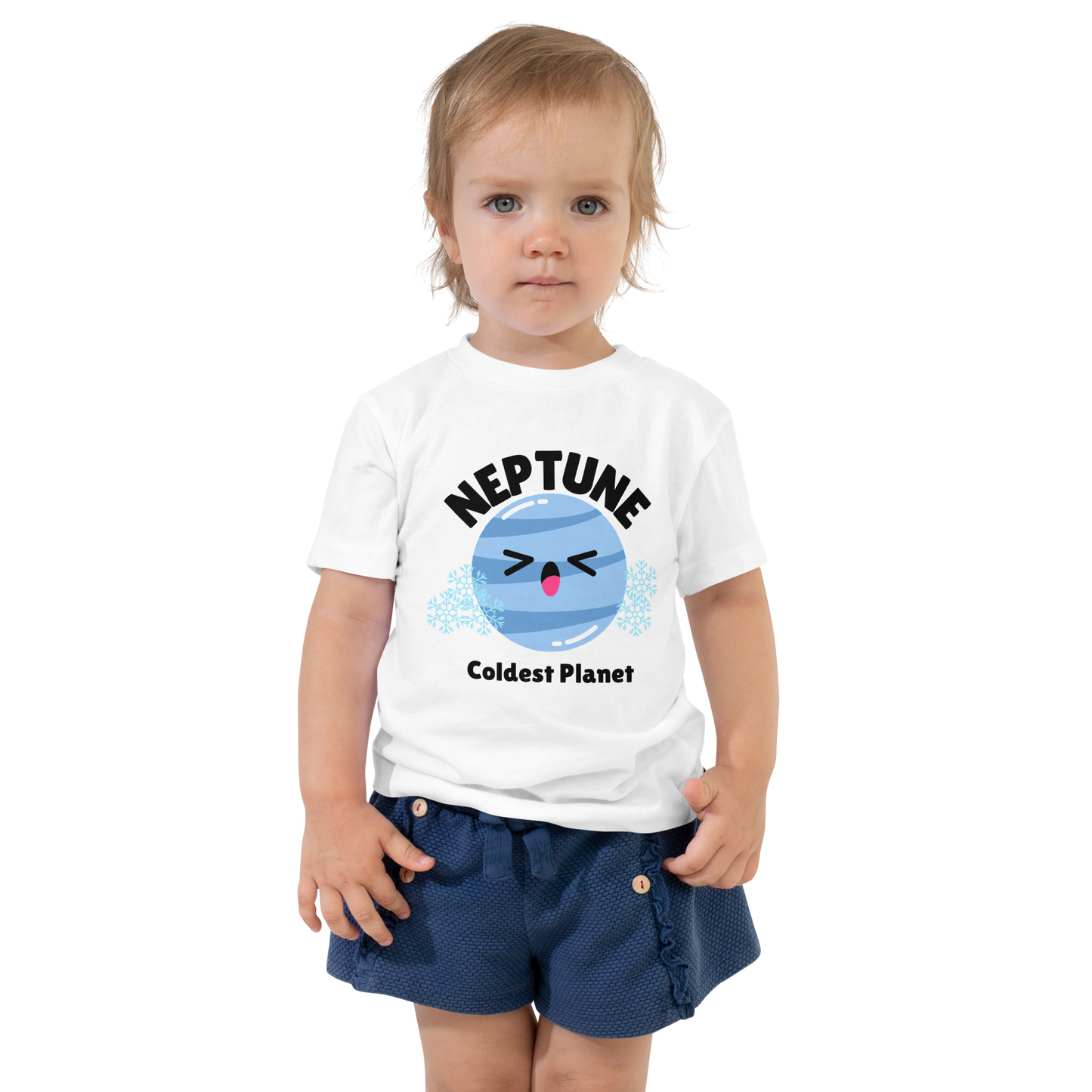 Child wearing a white t-shirt with bold 'Neptune' text, Neptune graphic, and 'Coldest Planet' subtext on a transparent background