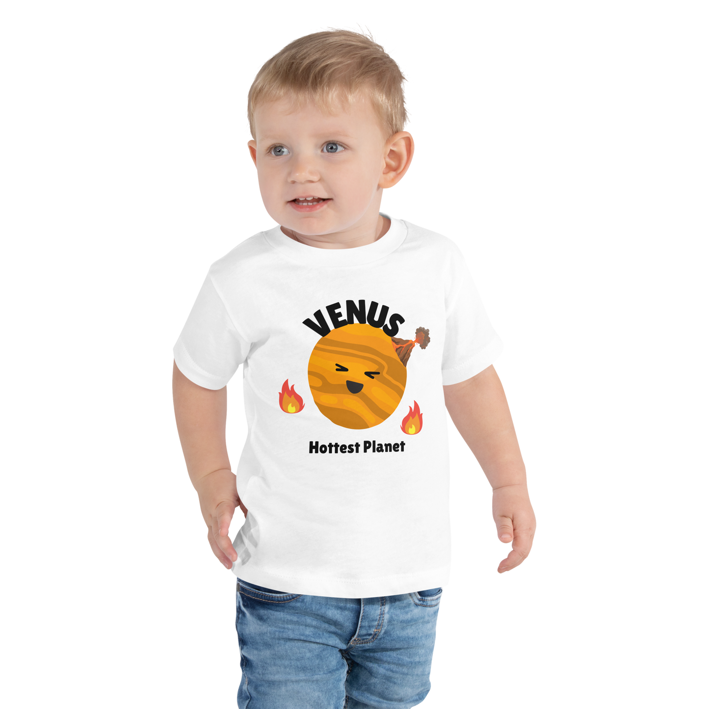 Child wearing a white t-shirt with bold 'Venus' text, Venus graphic, and 'Hottest Planet' subtext on a transparent background