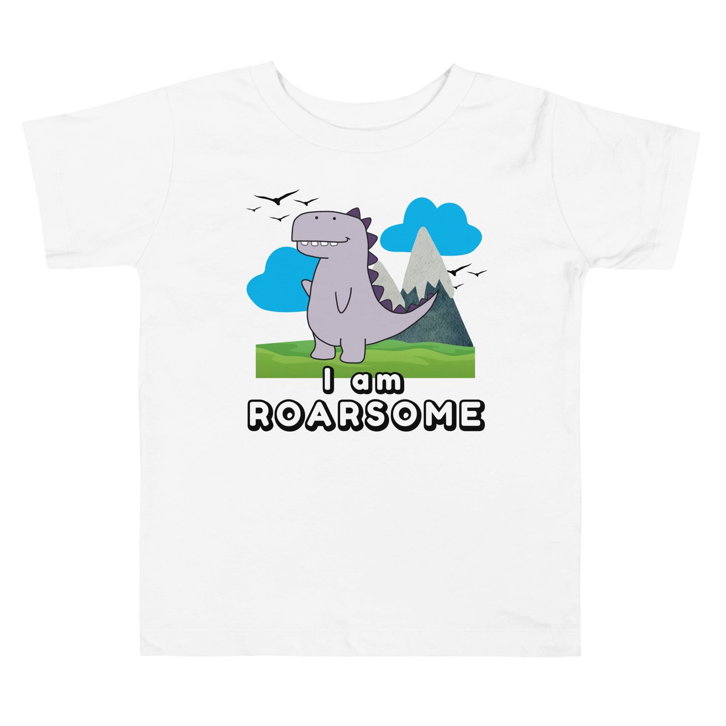 White toddler shirt with "I Am Roarsome" text and cartoon dinosaur in the center on a white background—ideal for dino-loving kids.