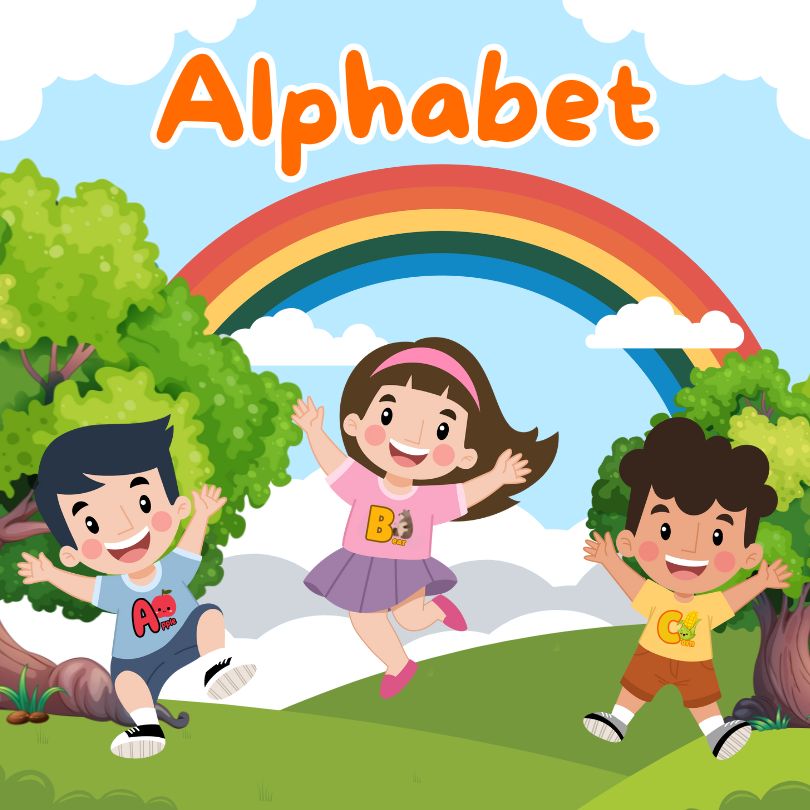Alphabet collection image which has 3 children jumping happily in front of a rainbow