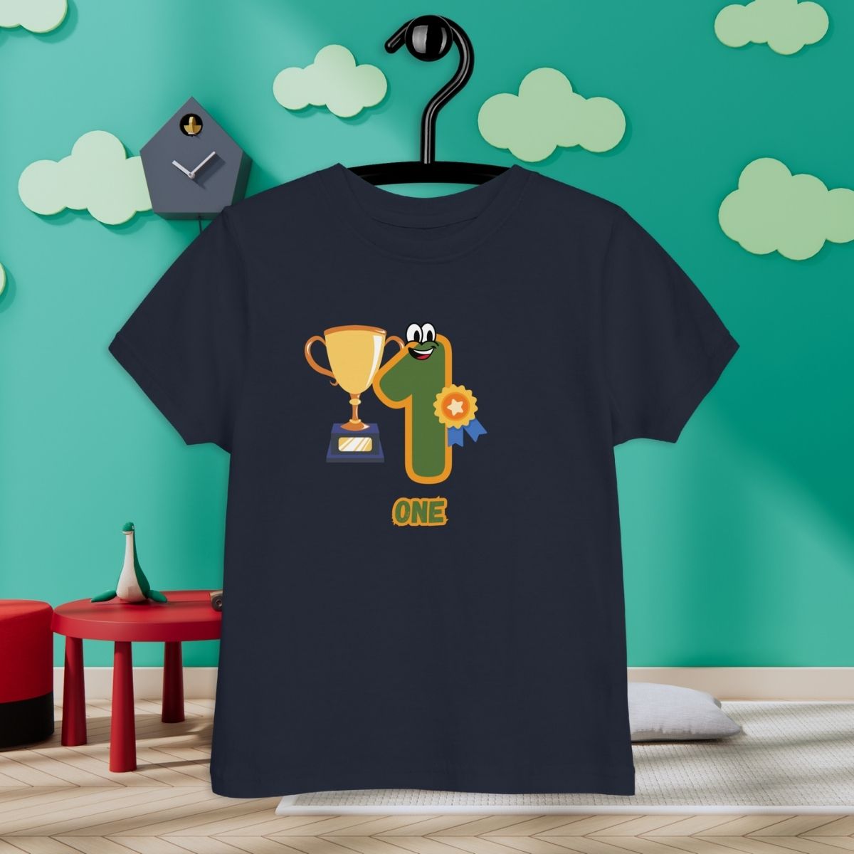 Navy Blue Kid's Shirt designed with number 1 and with a trophy in room with clouds background
