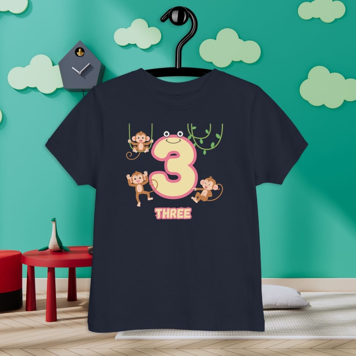 Navy Blue Kid's Shirt designed with number 3 and with 3 monkeys in room with clouds background