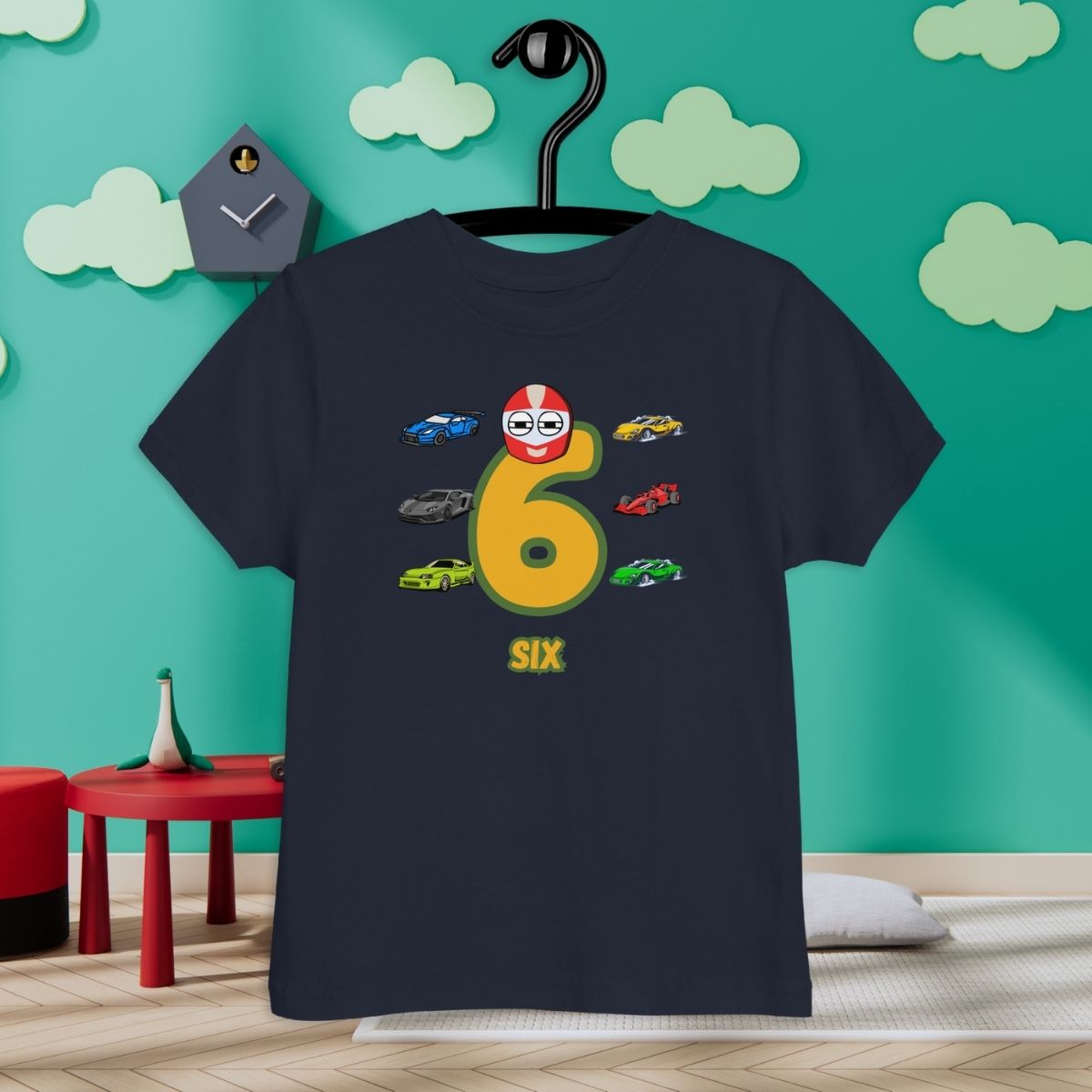 Navy Blue Kid's Shirt designed with number 6 and with 6 race cars in room with clouds background