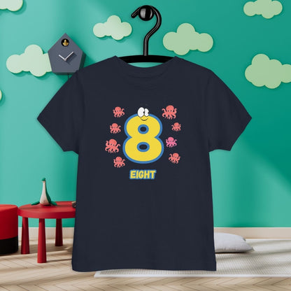 Navy Blue Kid's Shirt designed with number 8 with 8 octopuses in room with clouds background 