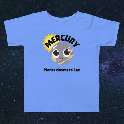 Toddler blue t-shirt with bold 'Mercury' text, Mercury graphic, and 'Planet closest to Sun' subtext on a space-themed background