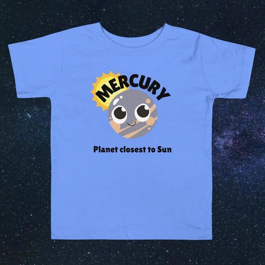 Toddler blue t-shirt with bold 'Mercury' text, Mercury graphic, and 'Planet closest to Sun' subtext on a space-themed background