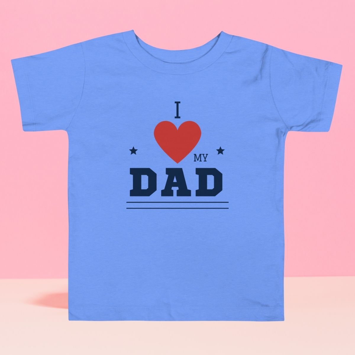Toddler blue t-shirt with 'I Love My Dad' statement design on pink background