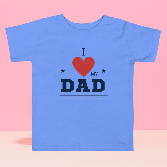 Toddler blue t-shirt with 'I Love My Dad' statement design on pink background