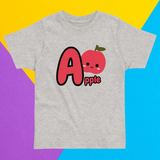 Toddler gray shirt designed with Apple image and text on purple, yellow and blue background