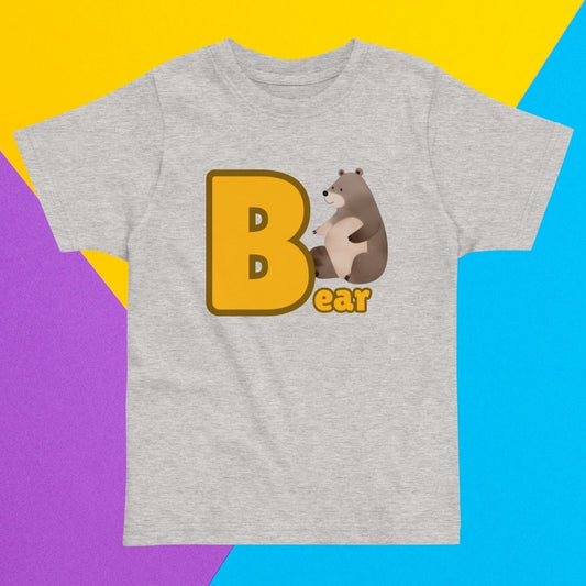 Toddler gray shirt designed with Bear image and text on purple, yellow and blue background