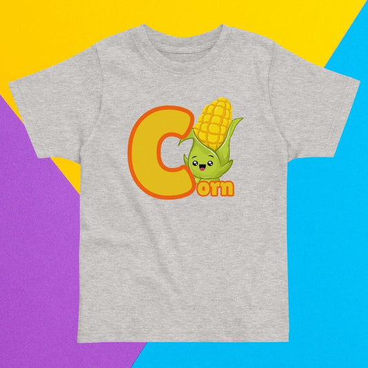Toddler gray shirt designed with Corn image and text on purple, yellow and blue background
