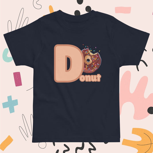 Toddler navy blue shirt designed with Donut image and text on playful pink background
