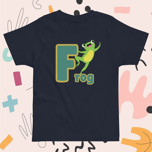 Toddler navy blue shirt designed with Frog image and text on playful pink background