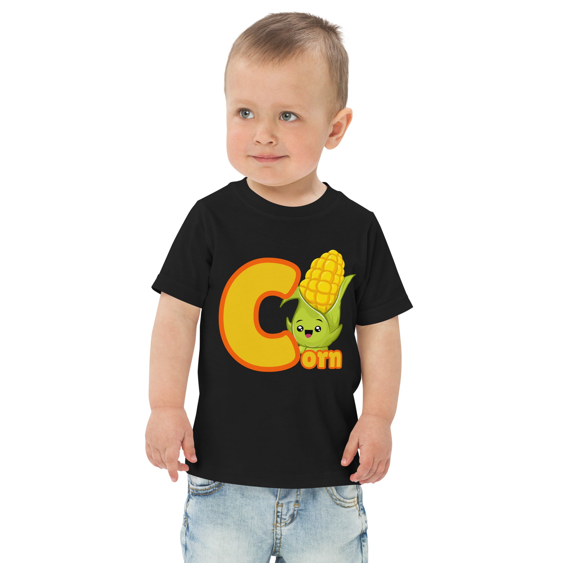 Child wearing a black shirt designed with Corn image and text on white background